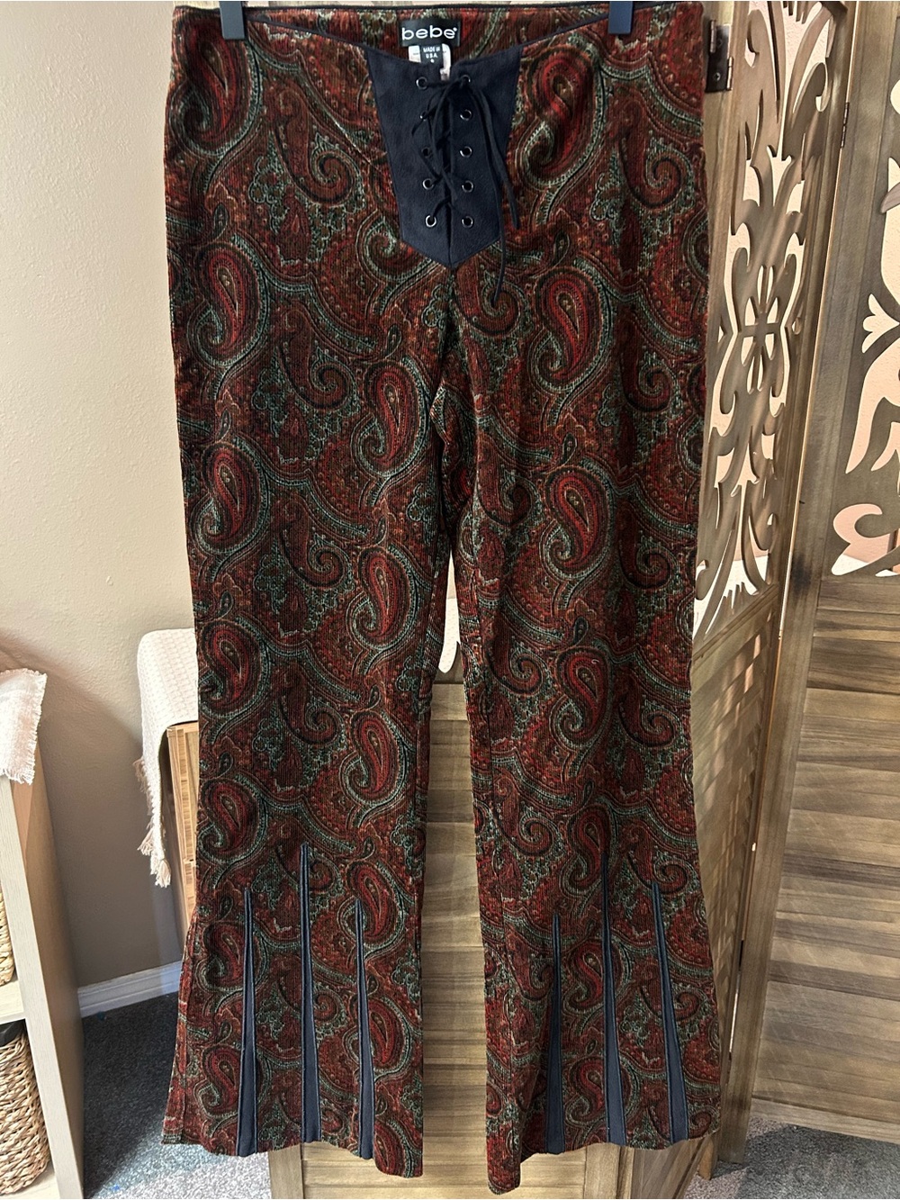 Vintage Y2K Bebe Flare Bell Bottom Paisley Print Corduroy Lace Up Pants